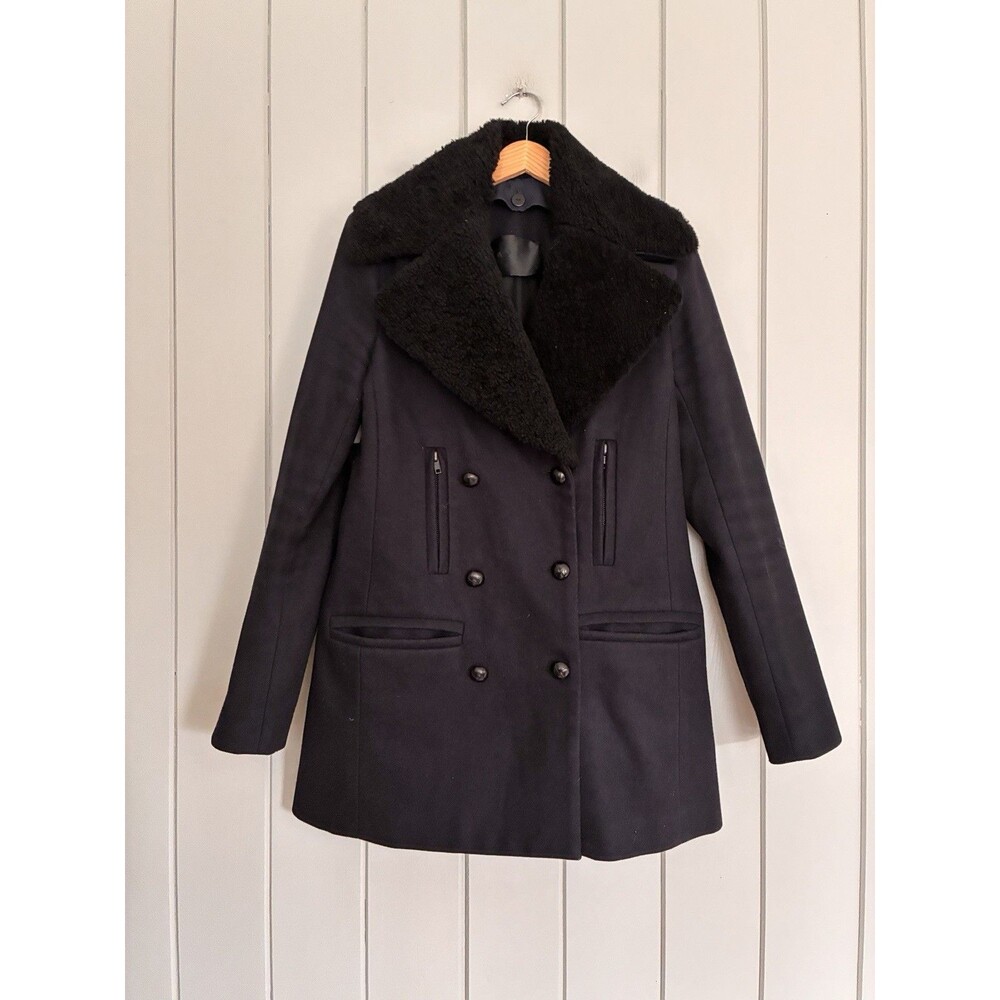 A.L.C. Peacoat 4 Wool Shearling Removable Collar Navy Blue Black Button Front